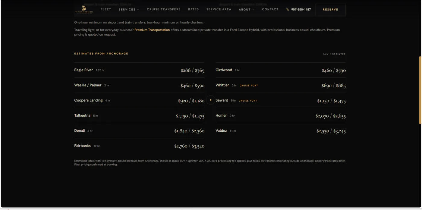 After: the rebuilt rates page with dual vehicle pricing