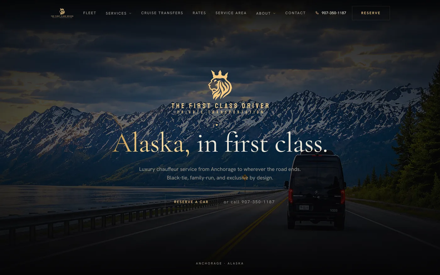 The First Class Driver homepage: Alaska, in first class — gold crest over the Seward Highway