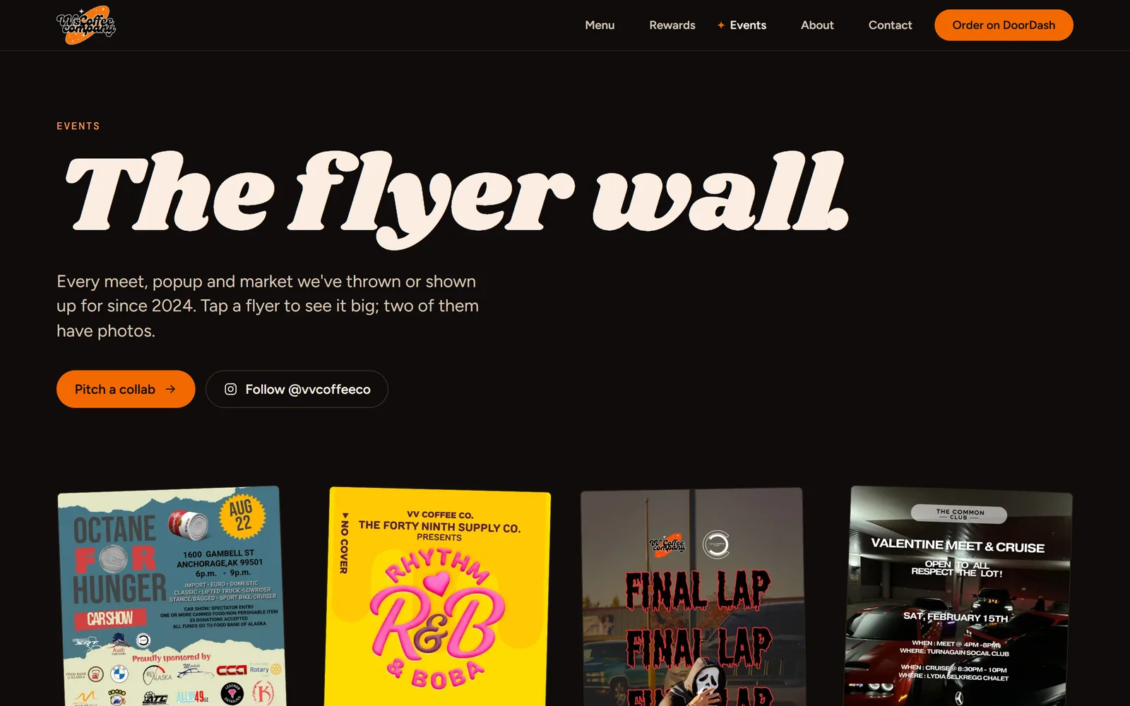 After: the new events page, The flyer wall, with flyers pinned at a slight tilt
