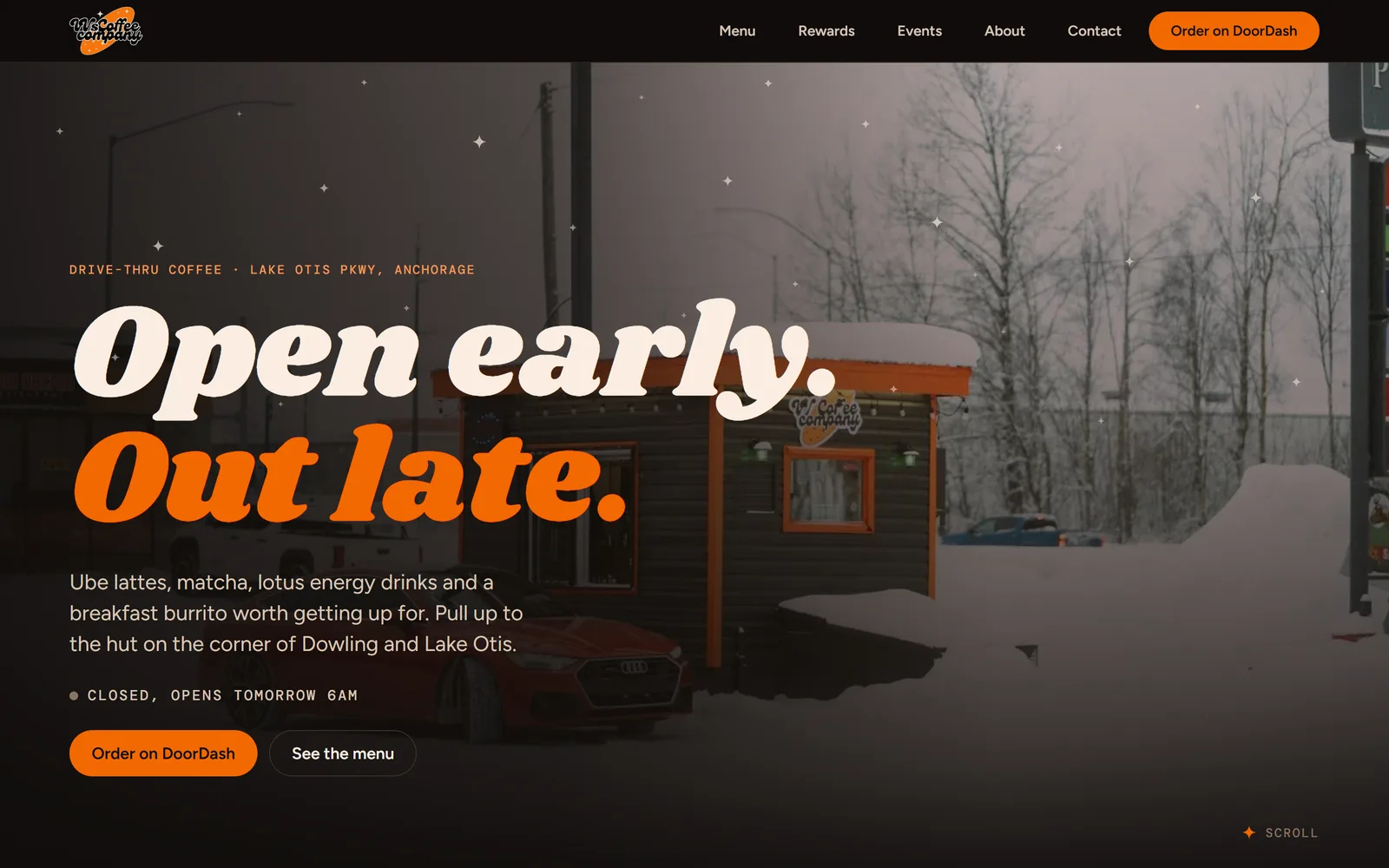 The new vvscoffeeco.com homepage: the lit coffee hut in snow, the headline Open early. Out late., a live Open Now sign and an Order on DoorDash button