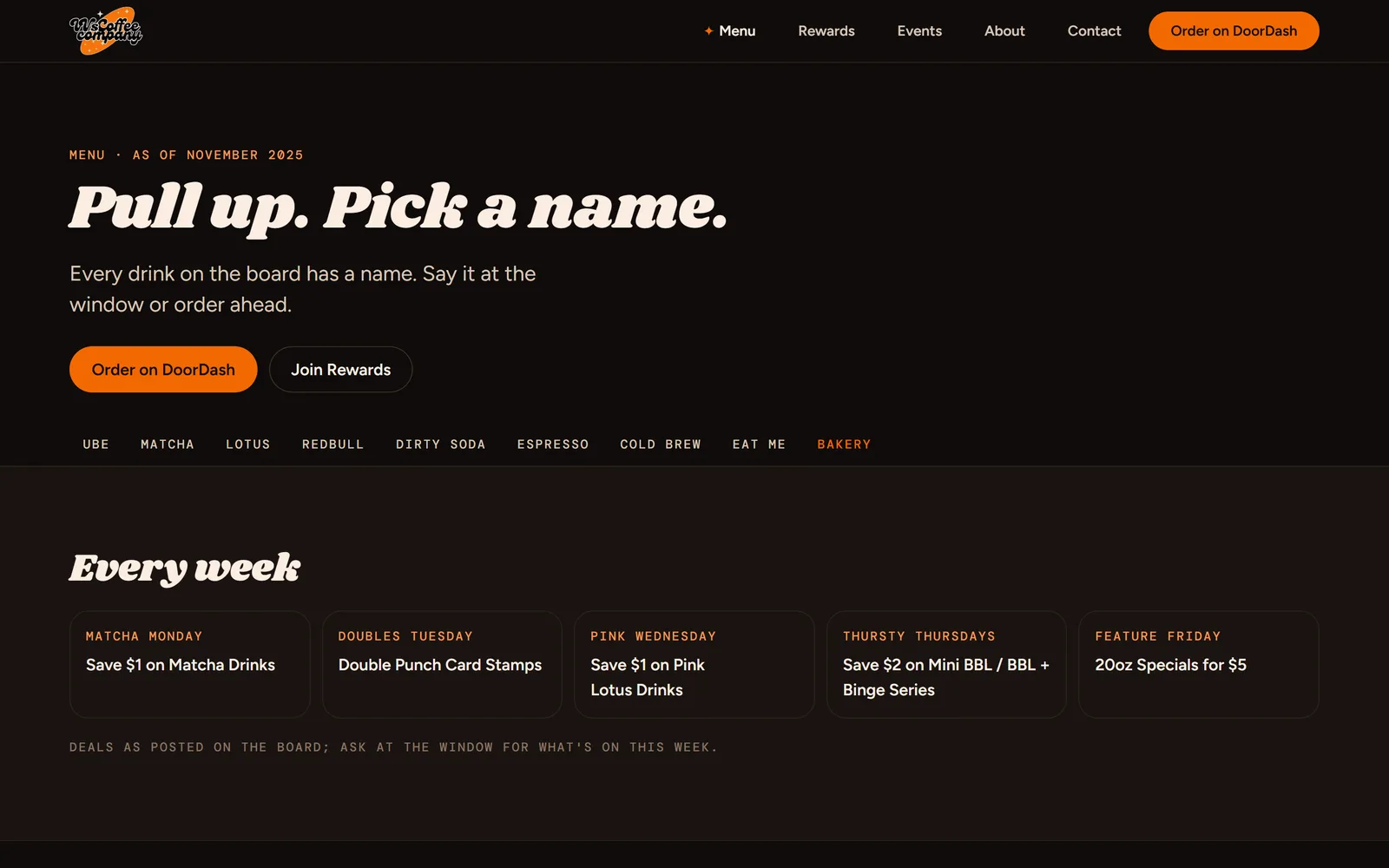 After: the new menu page with the headline Pull up. Pick a name., a category jump bar and the weekly deals