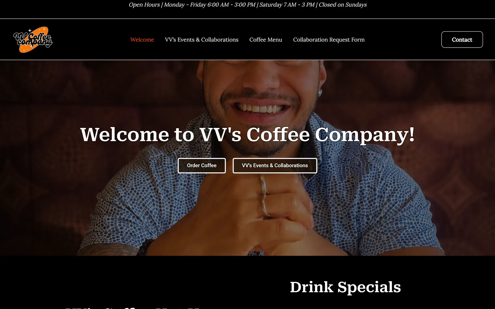 Before: the old vvcoffeeco.com homepage, a WordPress template with a stock photo of a smiling man and the headline Welcome to VV's Coffee Company