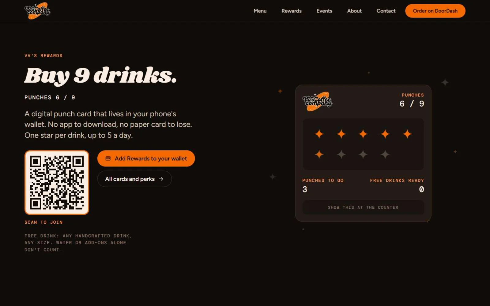 The rewards scene halfway through: Buy 9 drinks, punches 6 of 9, the QR code and the punch card with six orange stars